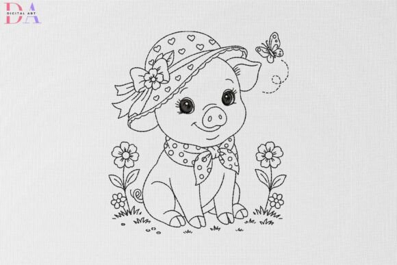 Cute Piglet in Floral Sunhat Garden: A Charming Embroidery Design